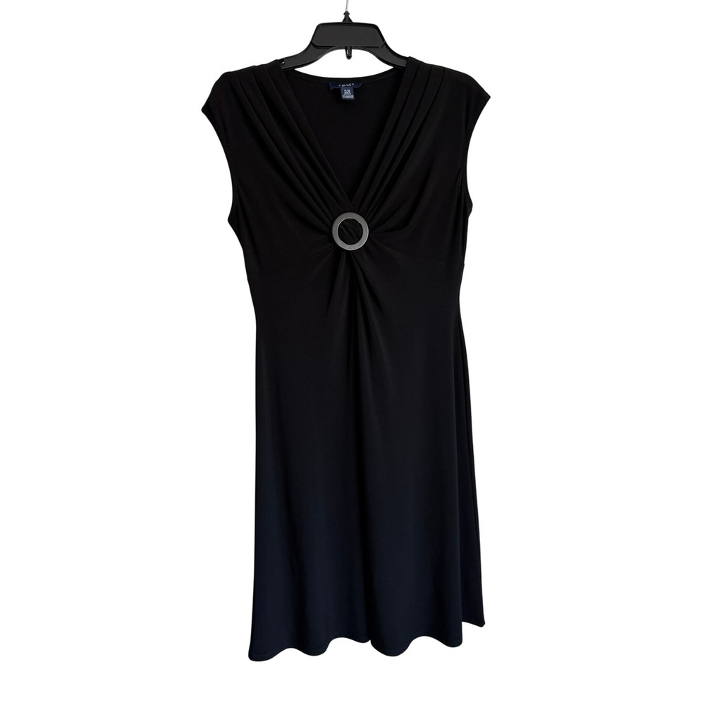 Chaps Womens Black Sleeveless V-Neck Pleated Ring Detail Jersey Dress Size PM